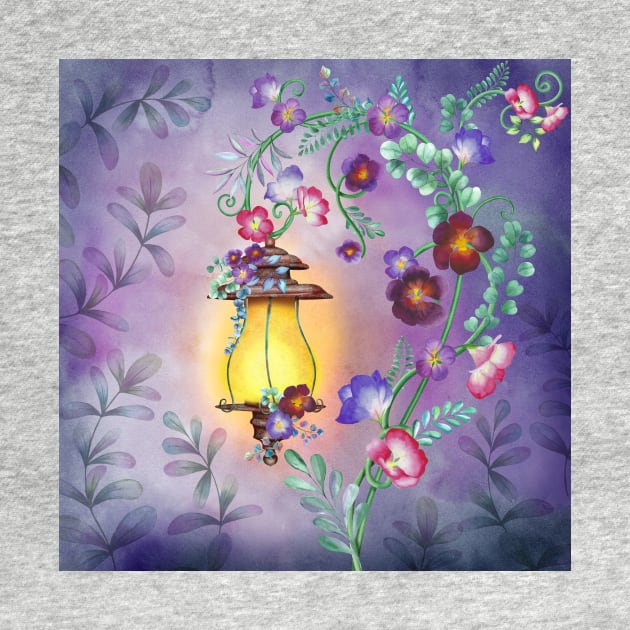 Old streetlight with flowers ornamental decoration. Fairy night garden watercolor illustration. Colorful fantasy scenery by likapix